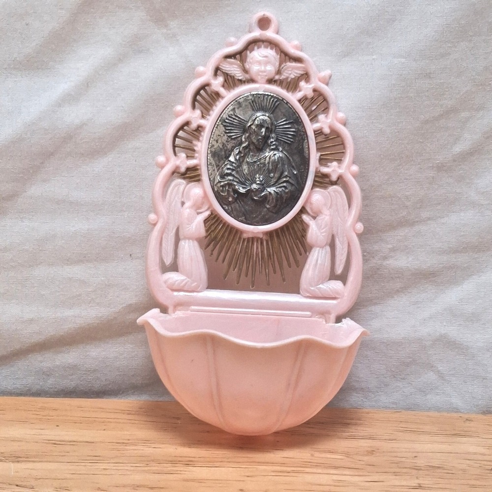 Unbranded Made in Italy Holy Water Font Pink Sacred Heart Jesus Angel Plastic - Picture 2 of 16